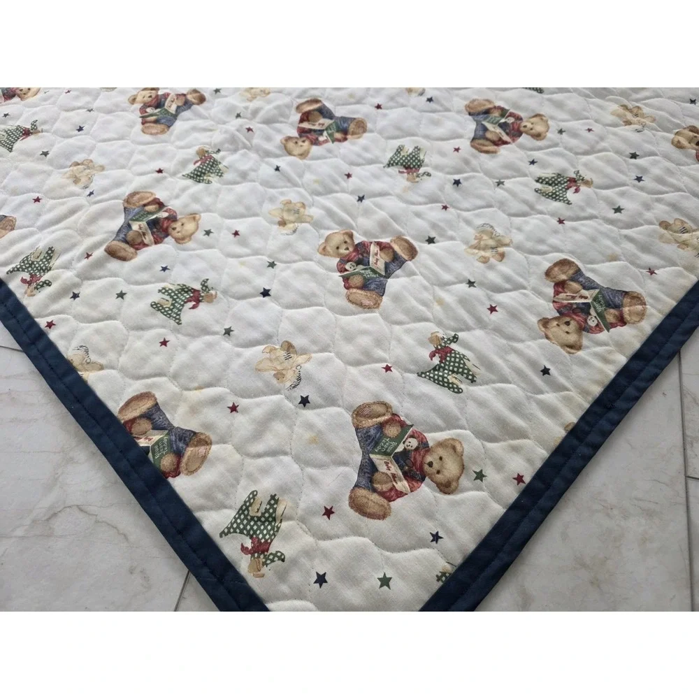 VTG Blue Jean Teddy Bear Toys Comforter / Quilted Baby Blanket Wall Hanging
